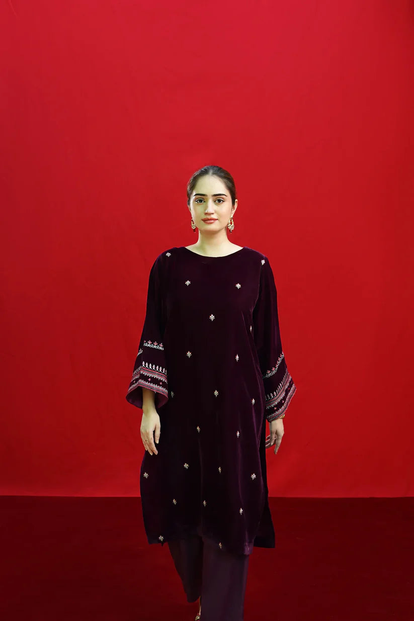 URGE-2PC VELVET EMBROIDERED SHIRT WITH VELEVT EMBROIDERED SLEEVES-D-19-MICROO-9000-W.J-1347