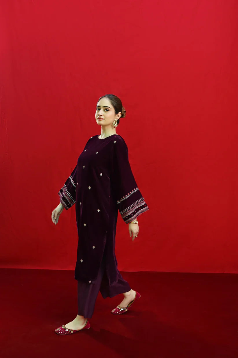 URGE-2PC VELVET EMBROIDERED SHIRT WITH VELEVT EMBROIDERED SLEEVES-D-19-MICROO-9000-W.J-1347