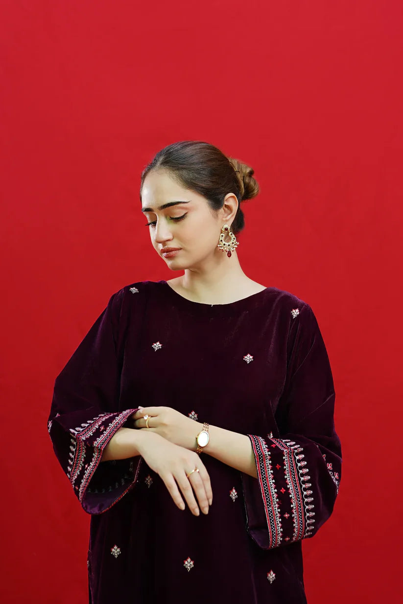 URGE-2PC VELVET EMBROIDERED SHIRT WITH VELEVT EMBROIDERED SLEEVES-D-19-MICROO-9000-W.J-1347
