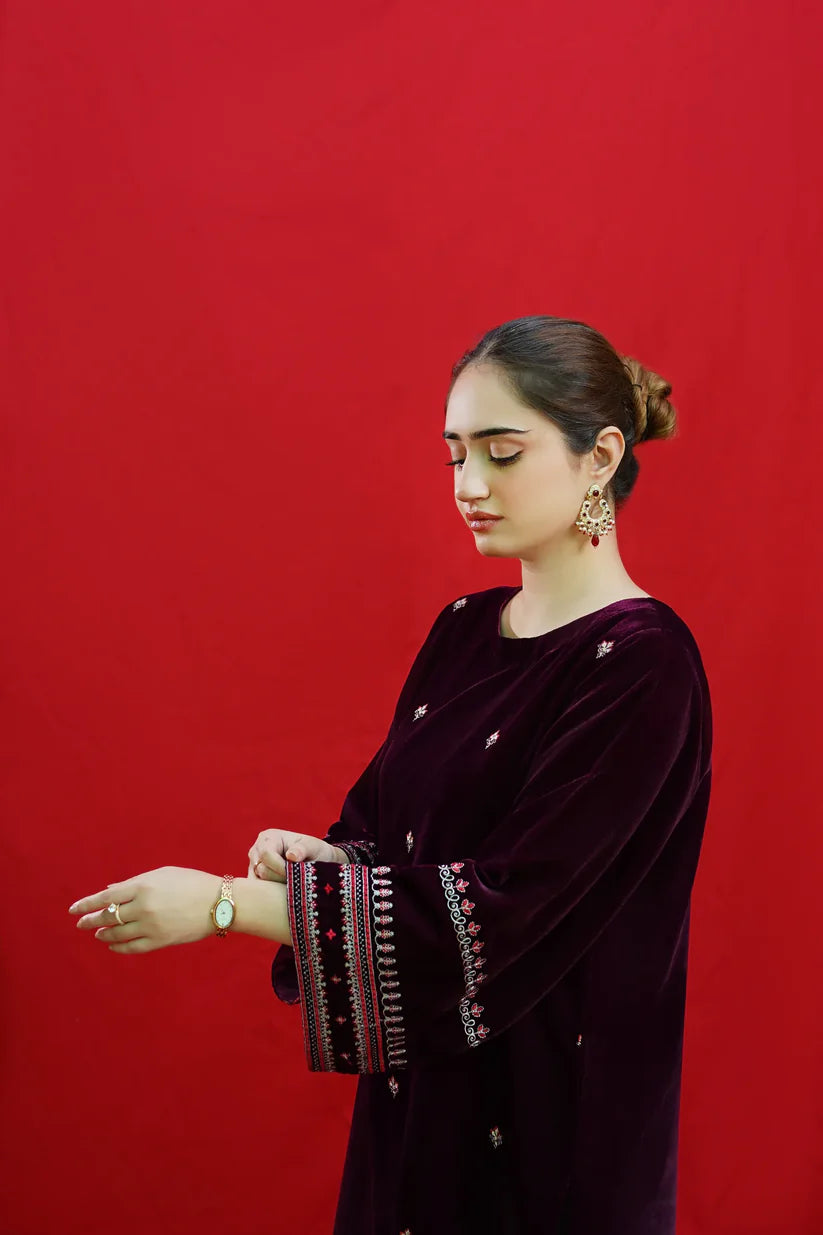 URGE-2PC VELVET EMBROIDERED SHIRT WITH VELEVT EMBROIDERED SLEEVES-D-19-MICROO-9000-W.J-1347