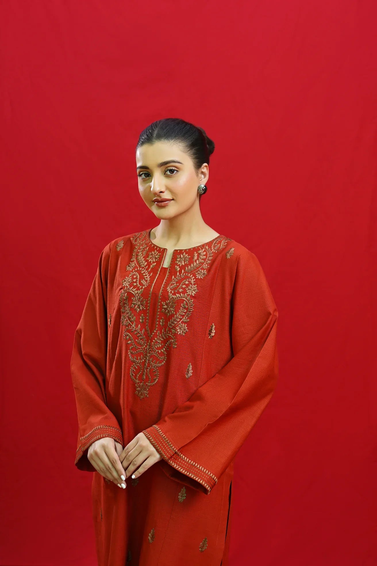 URGE-3PC DHANAK EMBROIDERED SHIRT WITH COUTURE PRINTED SHAWL & EMB TROUSER-W.J-1198