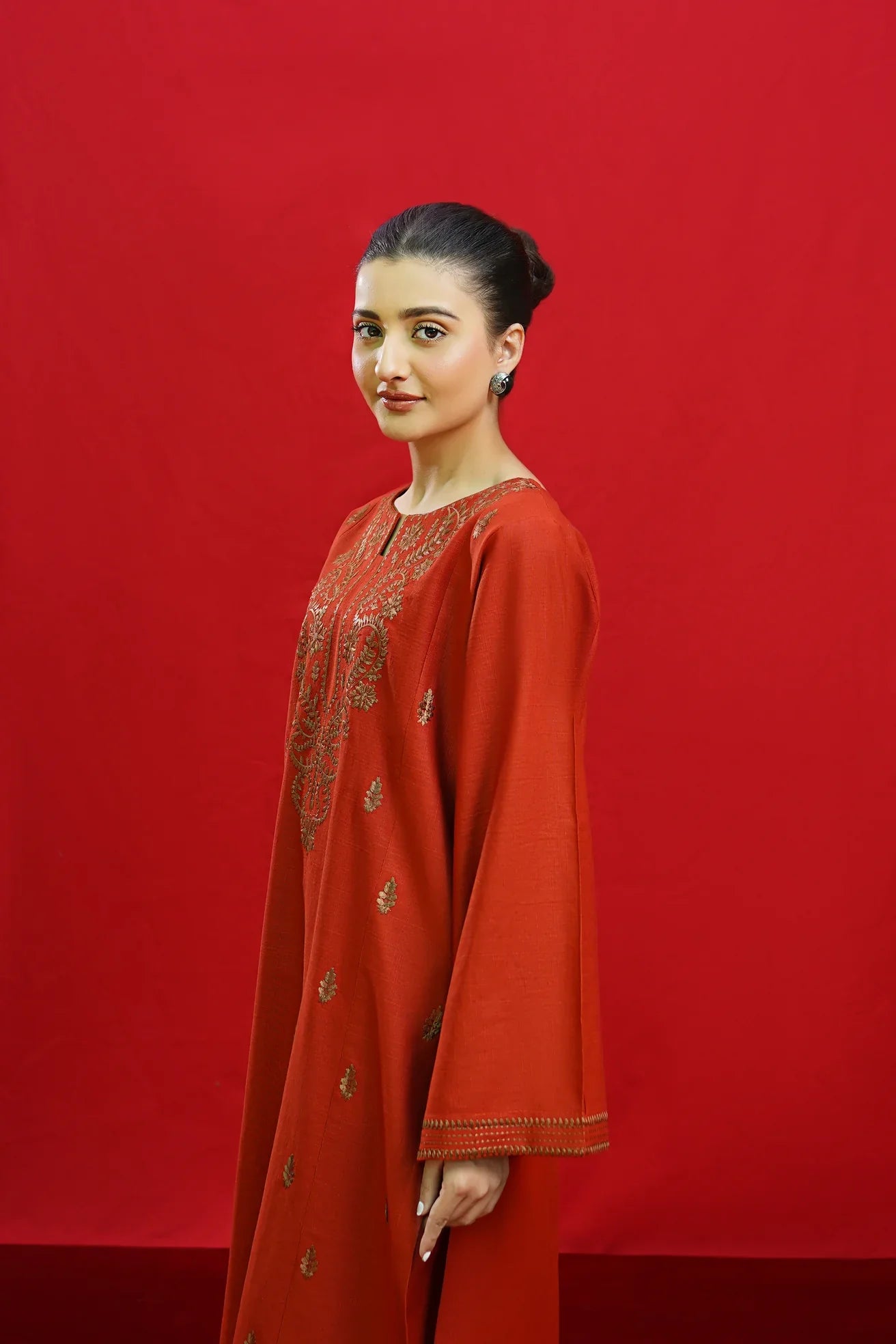 URGE-3PC DHANAK EMBROIDERED SHIRT WITH COUTURE PRINTED SHAWL & EMB TROUSER-W.J-1198