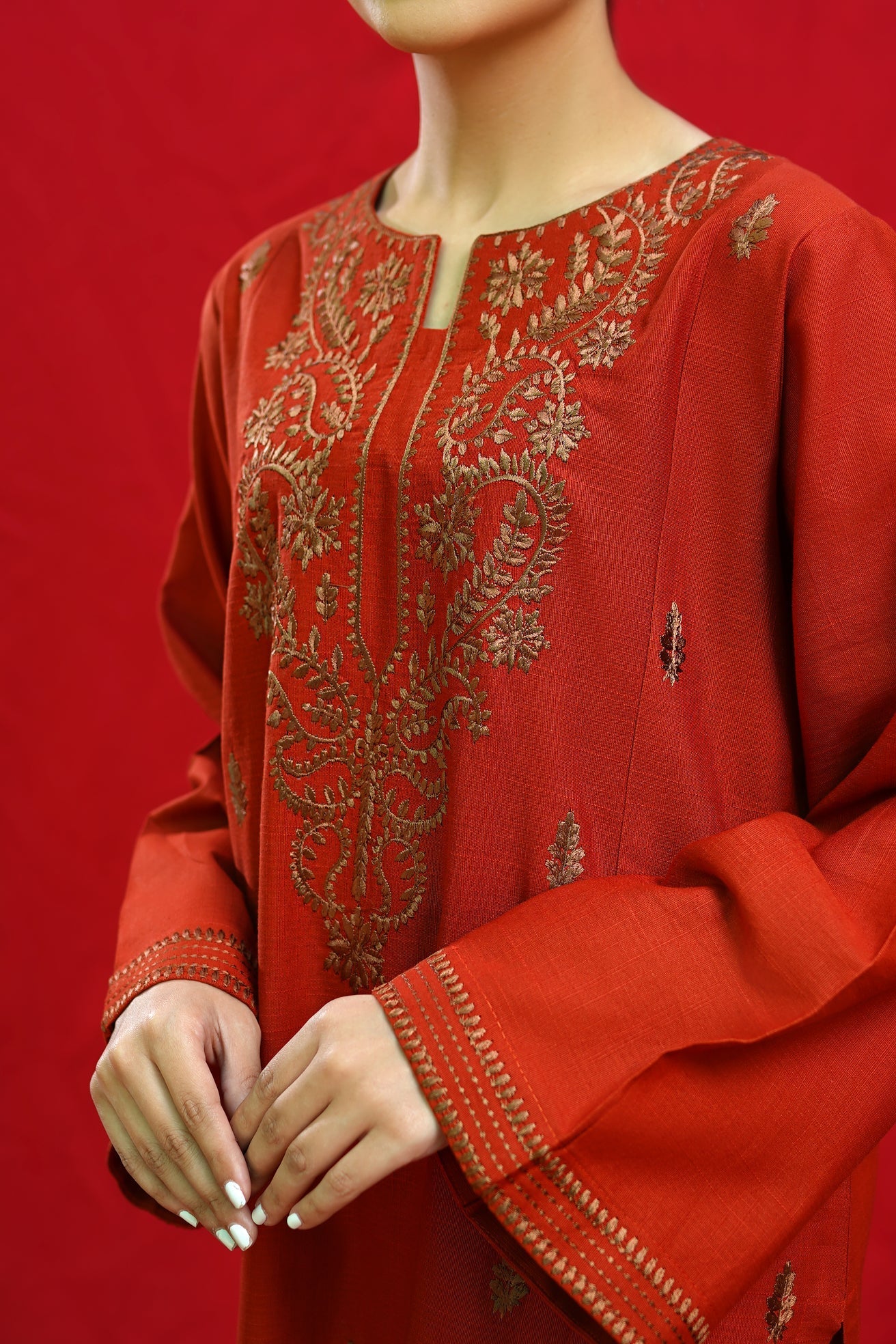 URGE-3PC DHANAK EMBROIDERED SHIRT WITH COUTURE PRINTED SHAWL & EMB TROUSER-W.J-1198