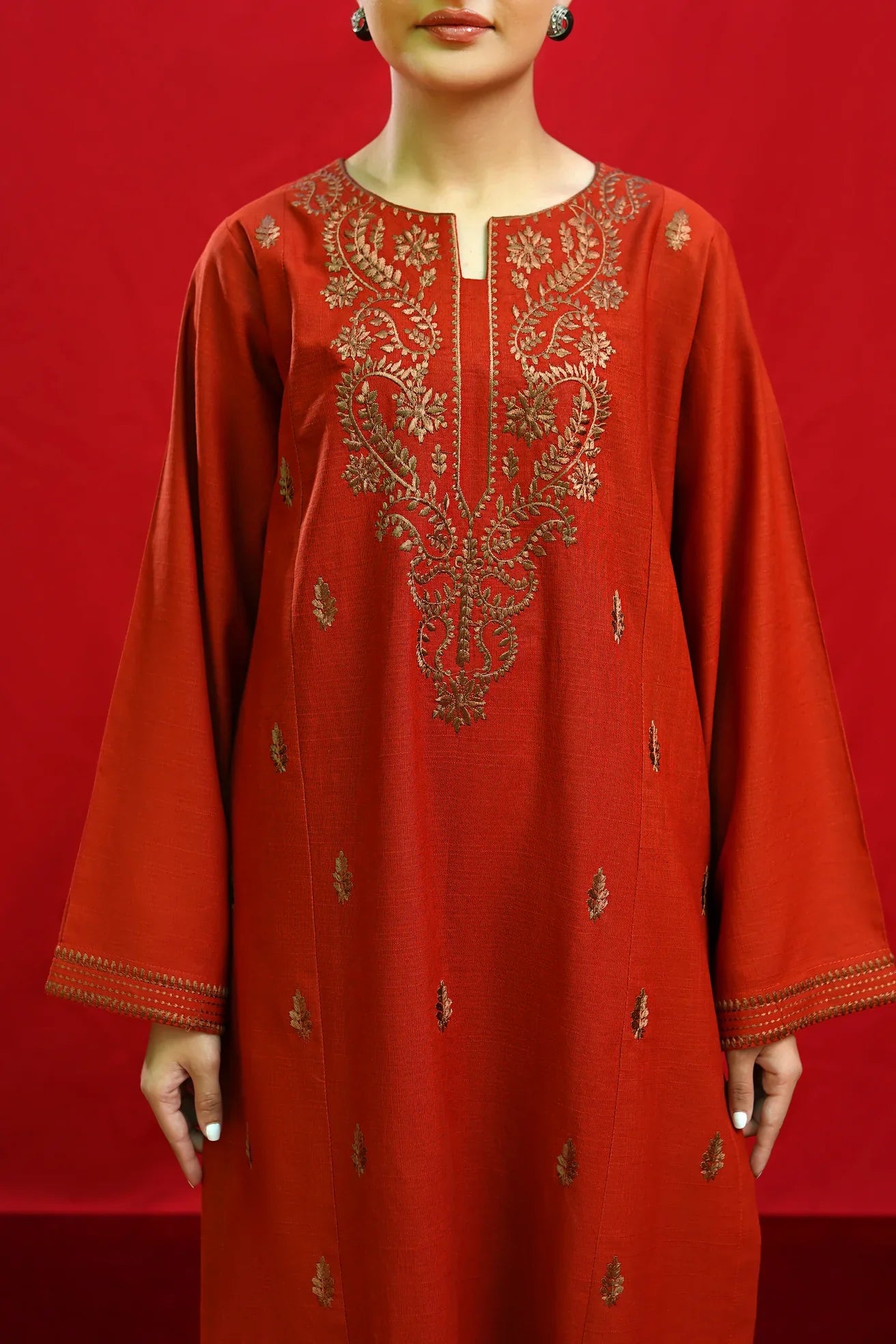 URGE-3PC DHANAK EMBROIDERED SHIRT WITH COUTURE PRINTED SHAWL & EMB TROUSER-W.J-1198