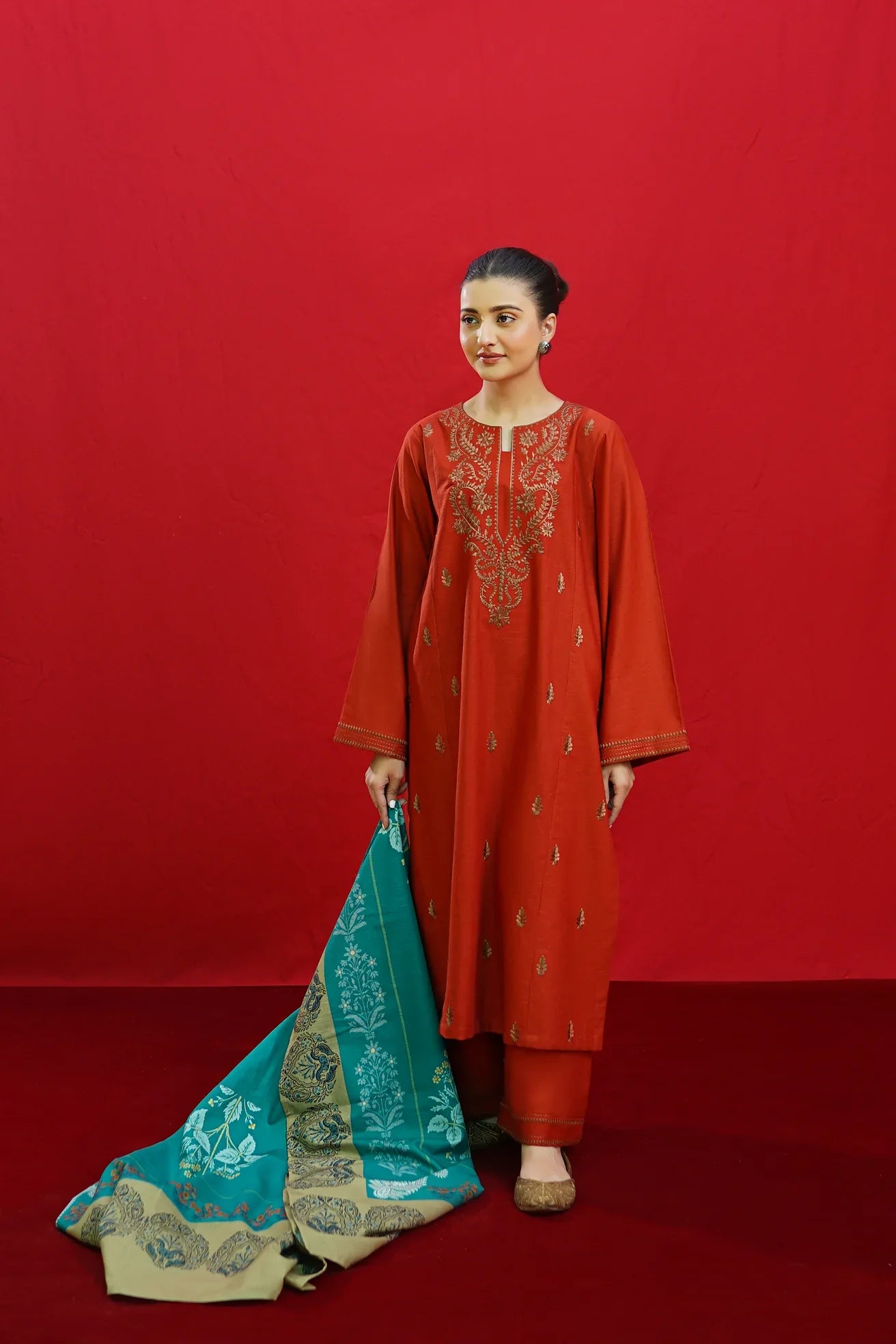 URGE-3PC DHANAK EMBROIDERED SHIRT WITH COUTURE PRINTED SHAWL & EMB TROUSER-W.J-1198