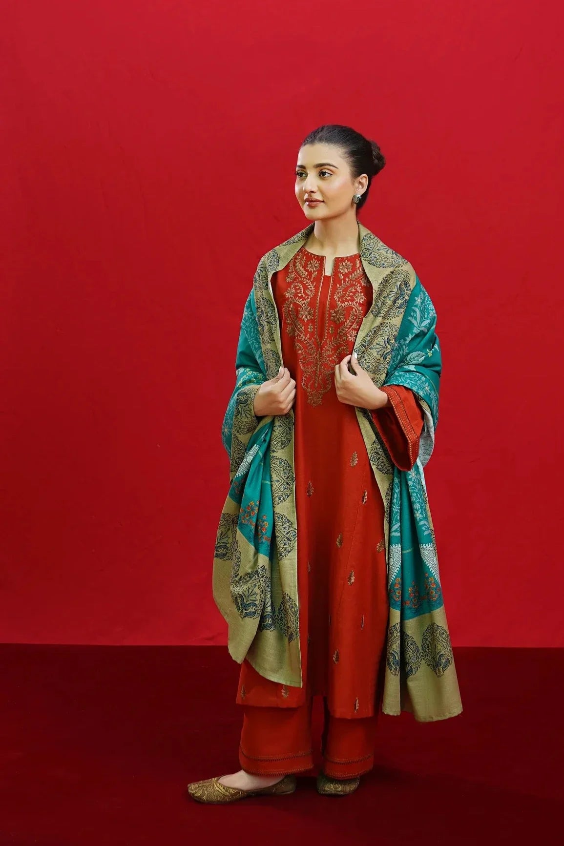 URGE-3PC DHANAK EMBROIDERED SHIRT WITH COUTURE PRINTED SHAWL & EMB TROUSER-W.J-1198