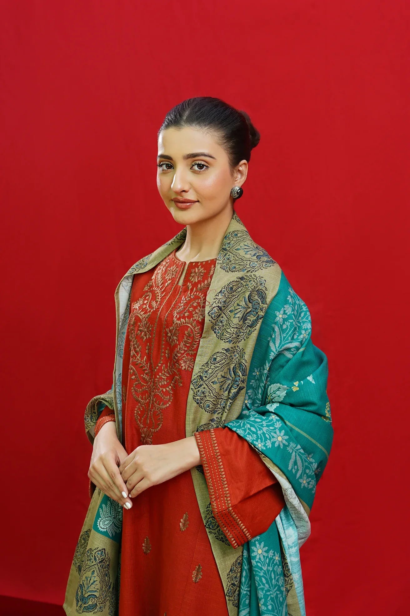 URGE-3PC DHANAK EMBROIDERED SHIRT WITH COUTURE PRINTED SHAWL & EMB TROUSER-W.J-1198