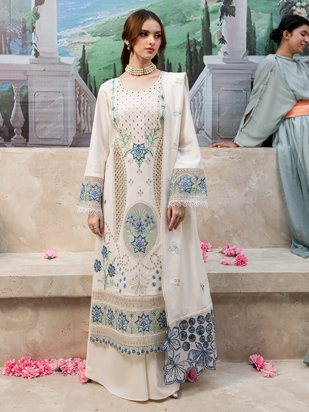 MAHNUR-3PC DHANAK LASER CUT EMB SHIRT WITH DHANAK LASERCUT EMB DUPATTA & TROUSER-W.J-1918