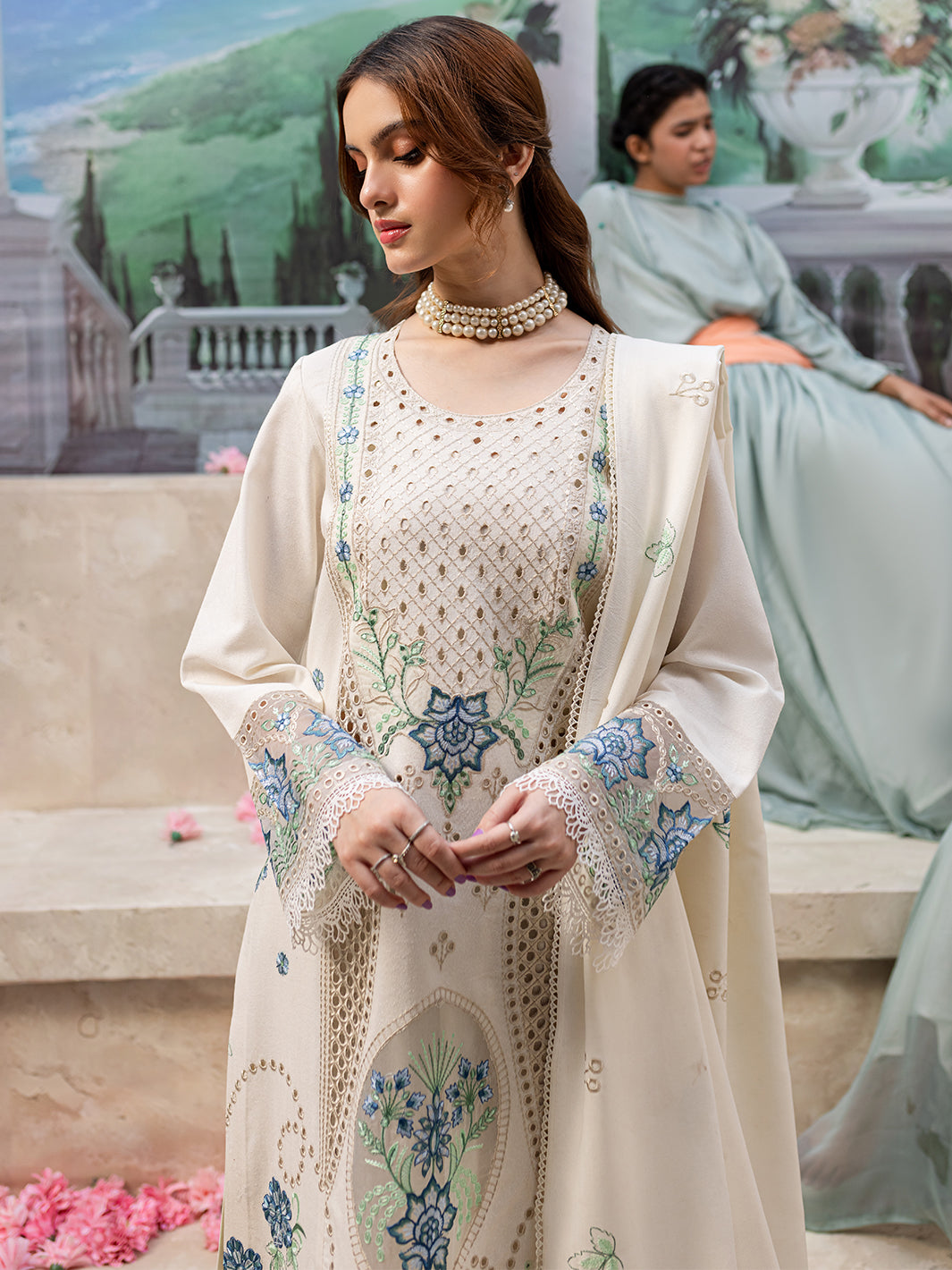 MAHNUR-3PC DHANAK LASER CUT EMB SHIRT WITH DHANAK LASERCUT EMB DUPATTA & TROUSER-W.J-1918