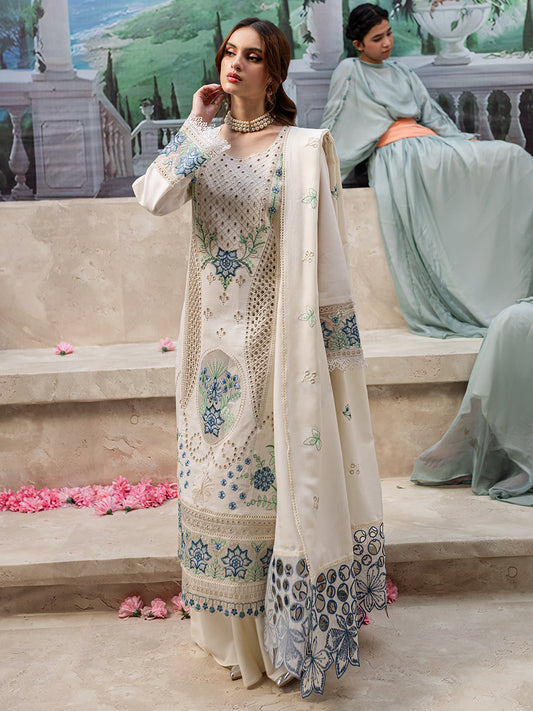 MAHNUR-3PC DHANAK LASER CUT EMB SHIRT WITH DHANAK LASERCUT EMB DUPATTA & TROUSER-W.J-1918