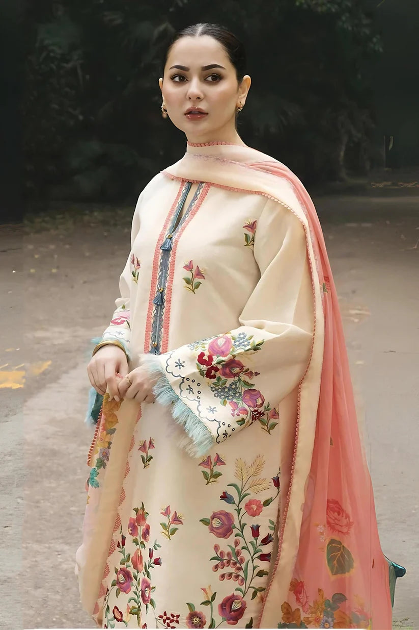 ZARASHAHJAHAN- 3PC DHANK EMBROIDERED SHIRT WITH COUTRAI WOOL SHAWL & TROUSER-W.J-1797
