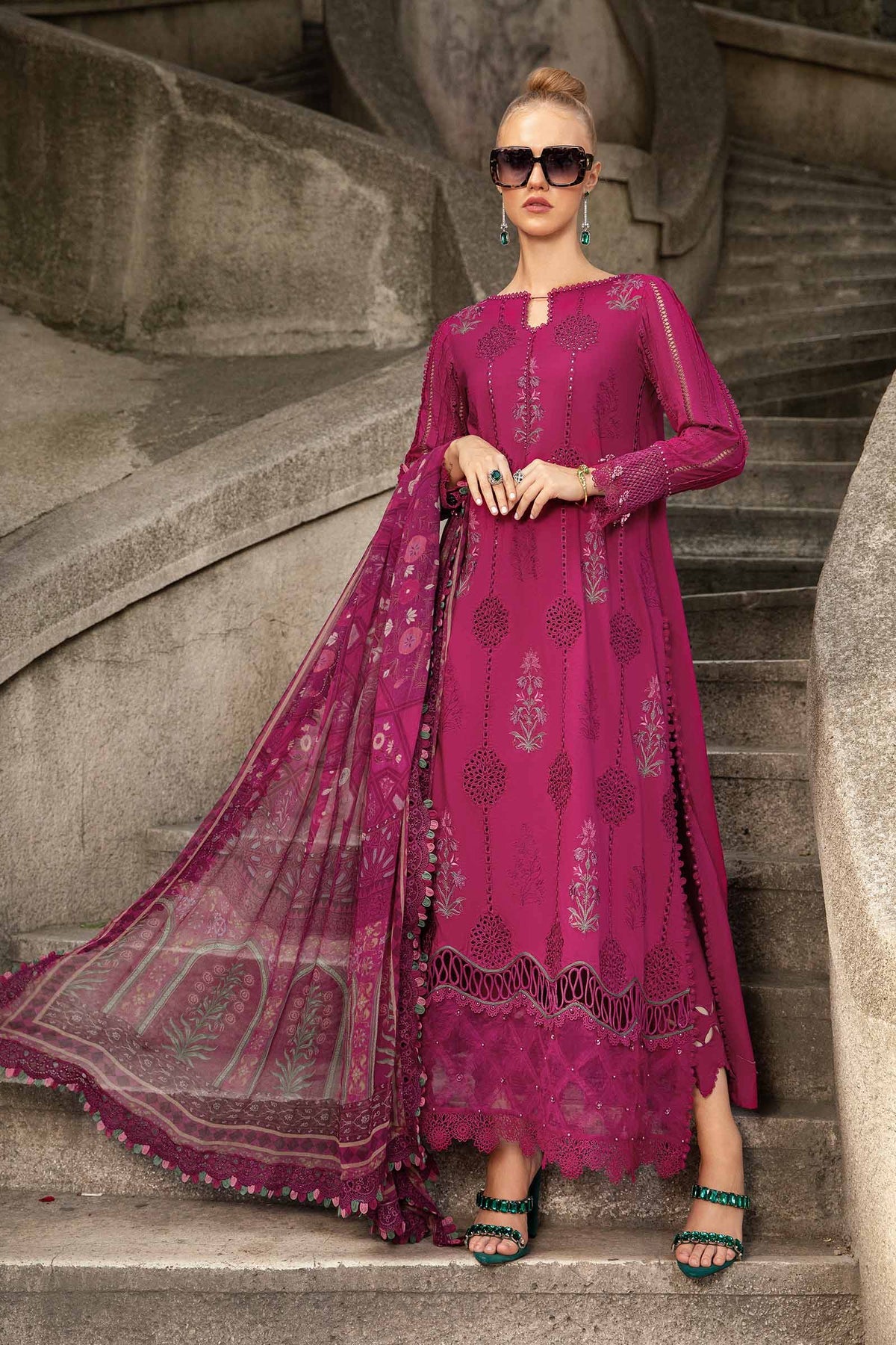 MARIA B- 3PC KHADDAR EMBROIDERED SHIRT WITH WOOL PRINT SHAWL AND TROUSER-W-J-1006