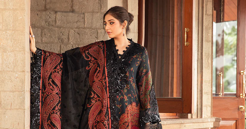 MARIA.B-3PC LAWN PRINTED EMB SHIRT WITH CHIFFON PRINT DUPATTA AND PRINT TROUSER-W.J-1784