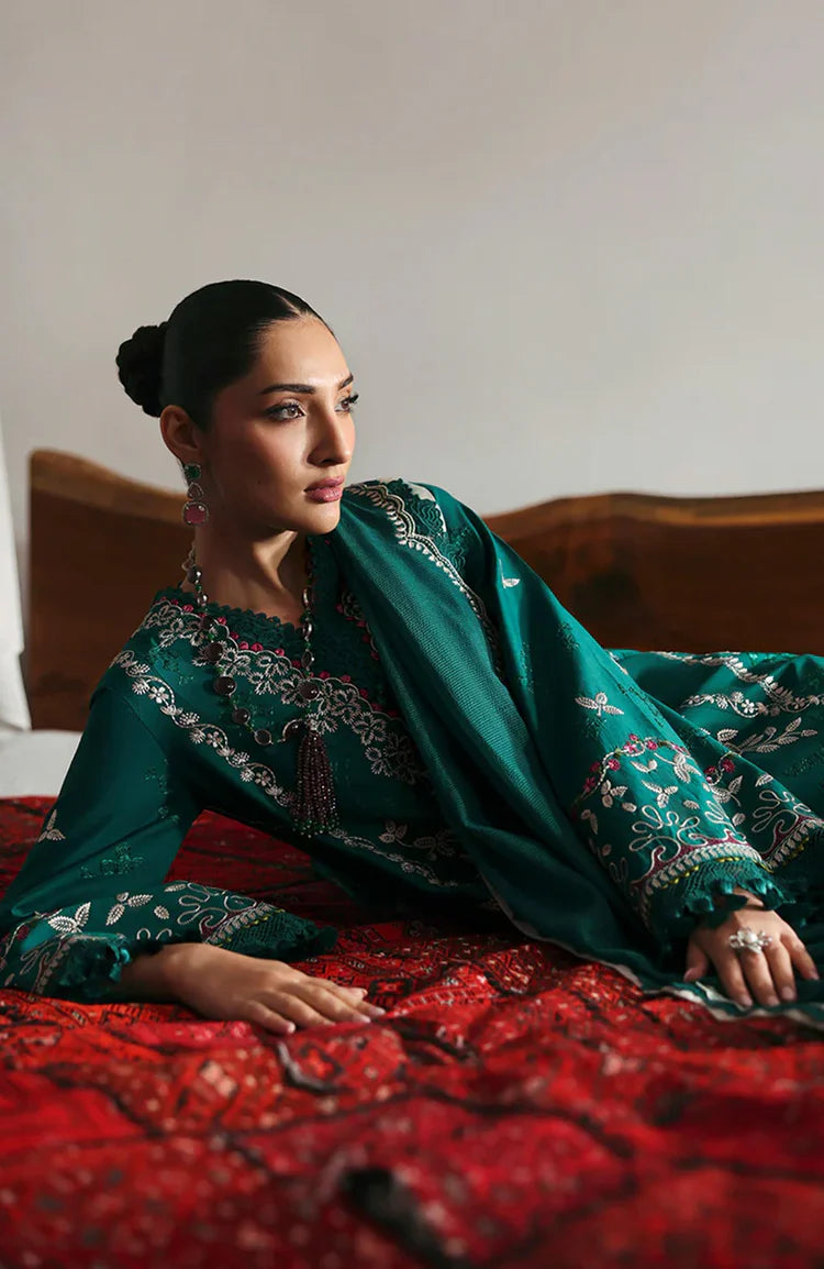 REPUBLIC WOMENSWEAR-3PC DHANAK EMBROIDERED SHIRT WITH COURTRAI PRINTED SHAWL & DHANAK TOUSER-WJ-1944