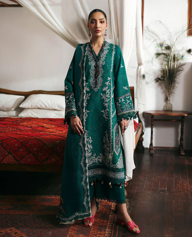 REPUBLIC WOMENSWEAR-3PC DHANAK EMBROIDERED SHIRT WITH COURTRAI PRINTED SHAWL & DHANAK TOUSER-WJ-1944