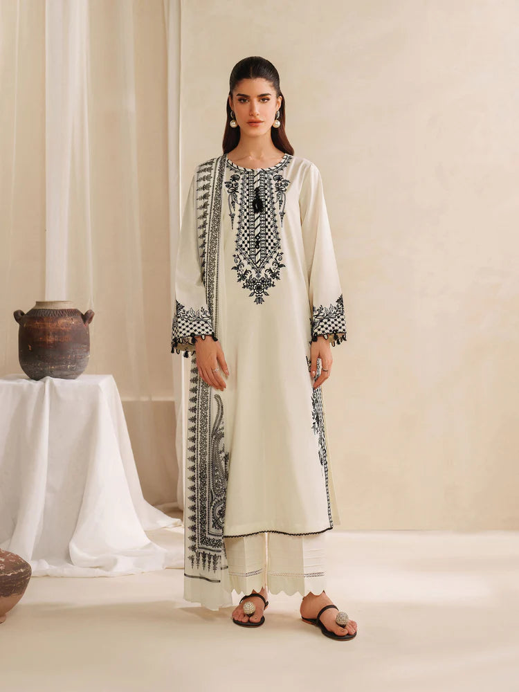 GARNET-3PC KHADDAR EMBROIDERED SHIRT WITH COURTRAI PRINTED SHAWL AND TROUSER-W.J-2028