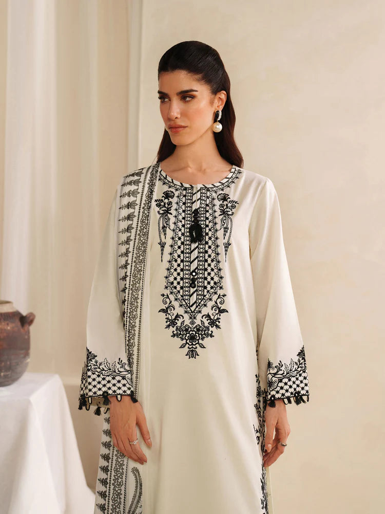 GARNET-3PC KHADDAR EMBROIDERED SHIRT WITH COURTRAI PRINTED SHAWL AND TROUSER-W.J-2028