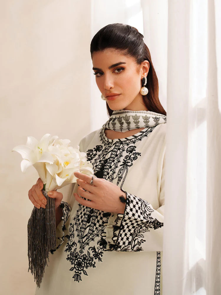 GARNET-3PC KHADDAR EMBROIDERED SHIRT WITH COURTRAI PRINTED SHAWL AND TROUSER-W.J-2028