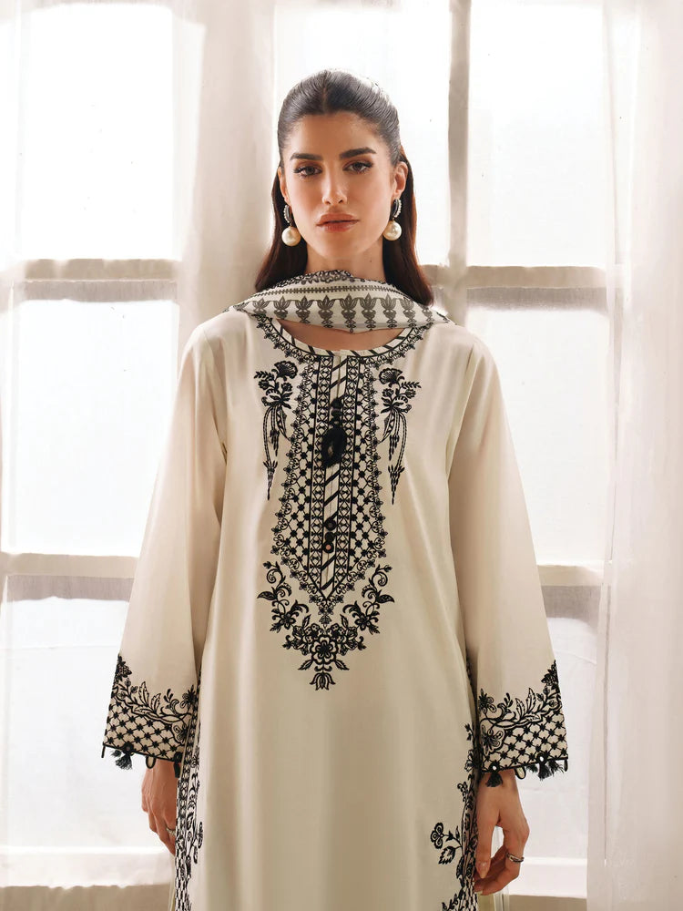 GARNET-3PC KHADDAR EMBROIDERED SHIRT WITH COURTRAI PRINTED SHAWL AND TROUSER-W.J-2028