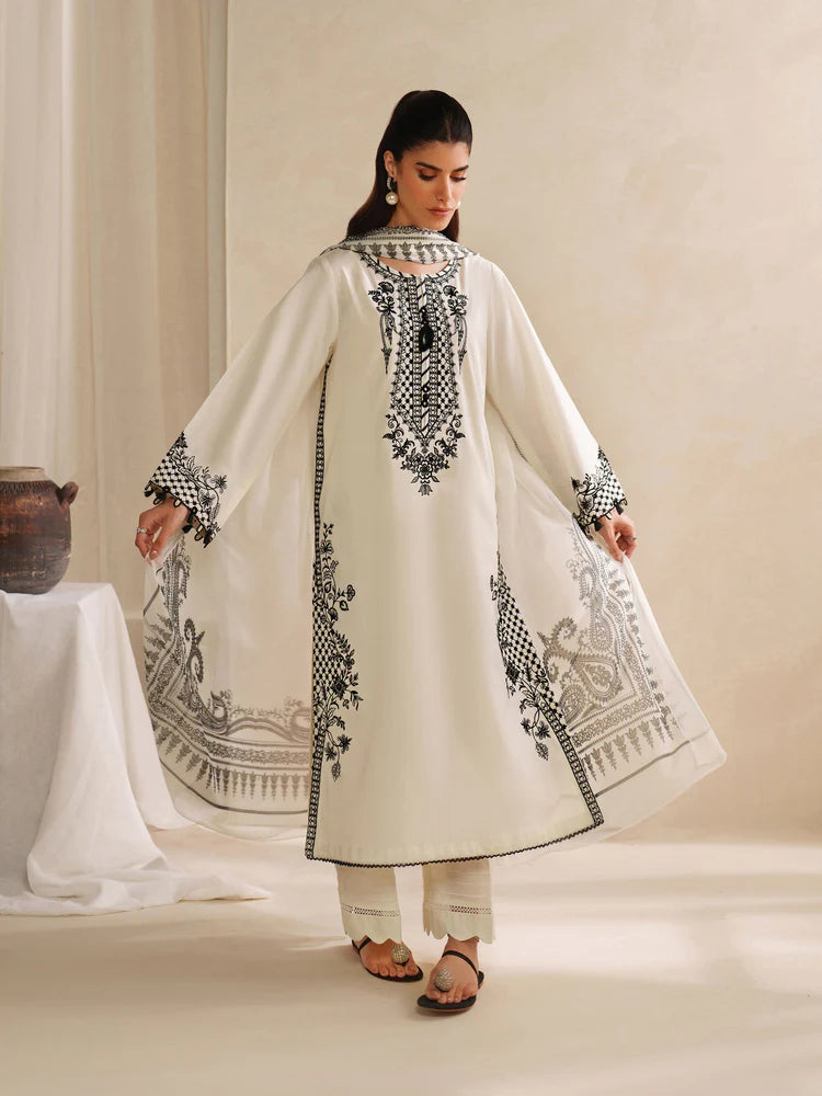 GARNET-3PC KHADDAR EMBROIDERED SHIRT WITH COURTRAI PRINTED SHAWL AND TROUSER-W.J-2028