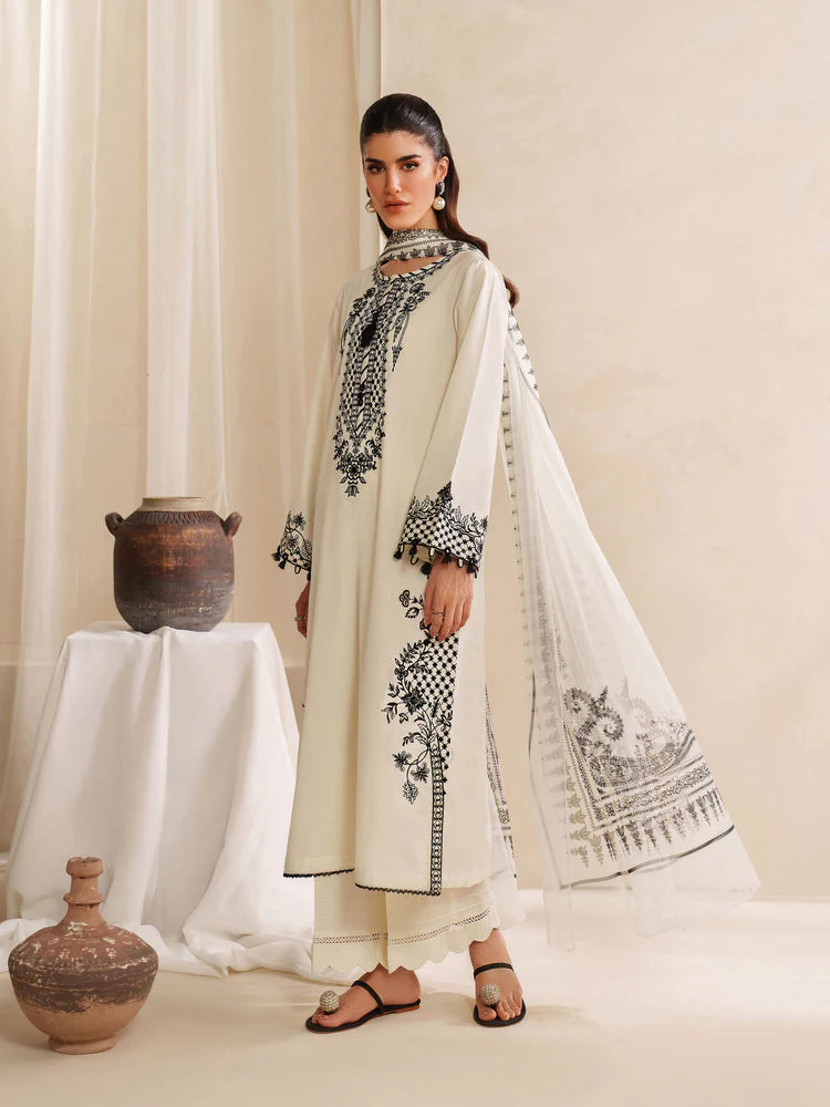 GARNET-3PC KHADDAR EMBROIDERED SHIRT WITH COURTRAI PRINTED SHAWL AND TROUSER-W.J-2028
