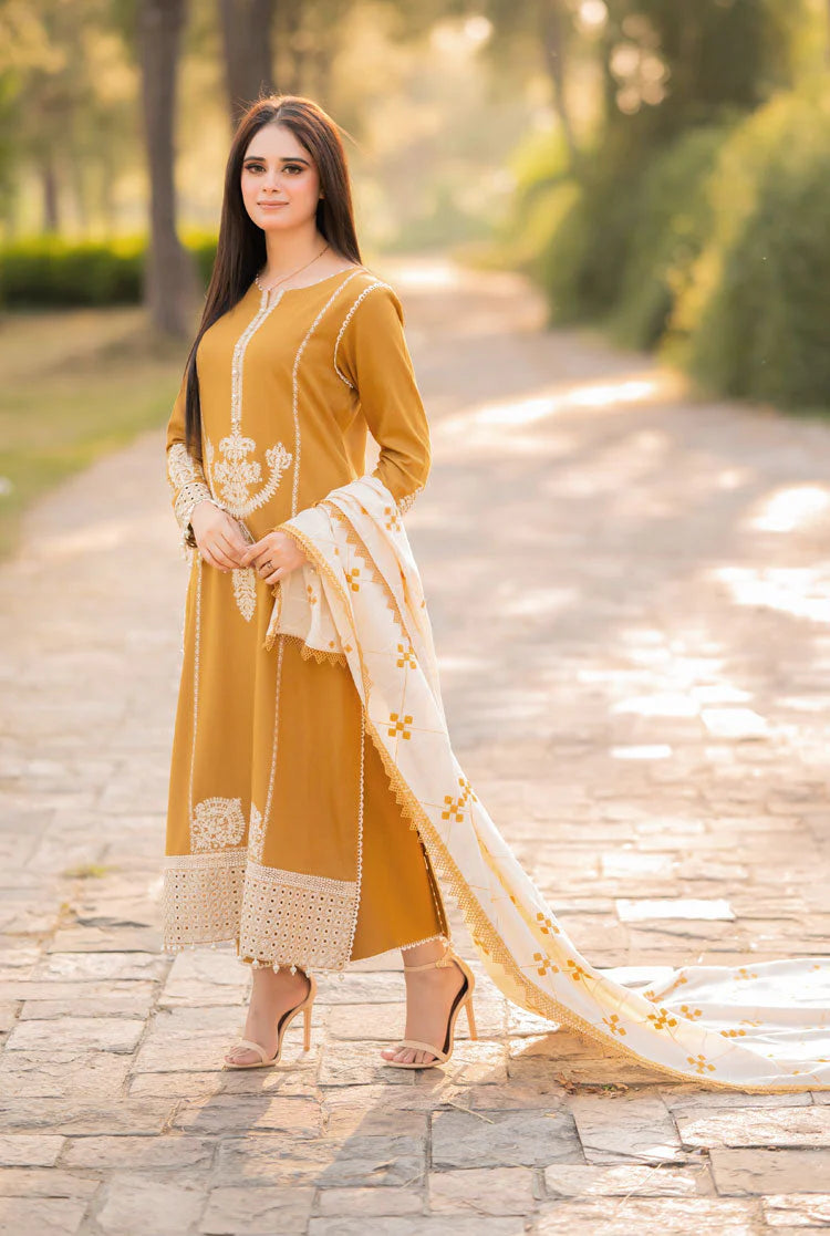 LIBAAS-3PC DHANAK EMBROIDERED SHIRT WITH COURTRAI WOOL PRINTED SHAWL AND TROUSER-W.J-1956