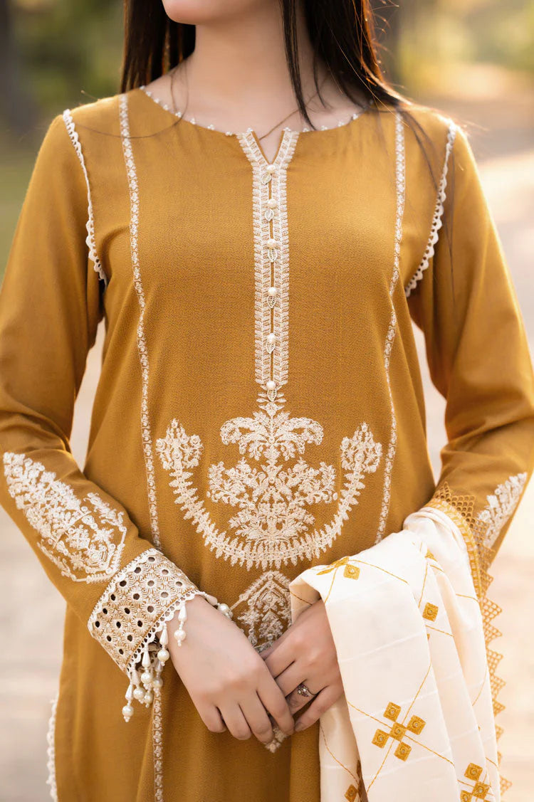 LIBAAS-3PC DHANAK EMBROIDERED SHIRT WITH COURTRAI WOOL PRINTED SHAWL AND TROUSER-W.J-1956