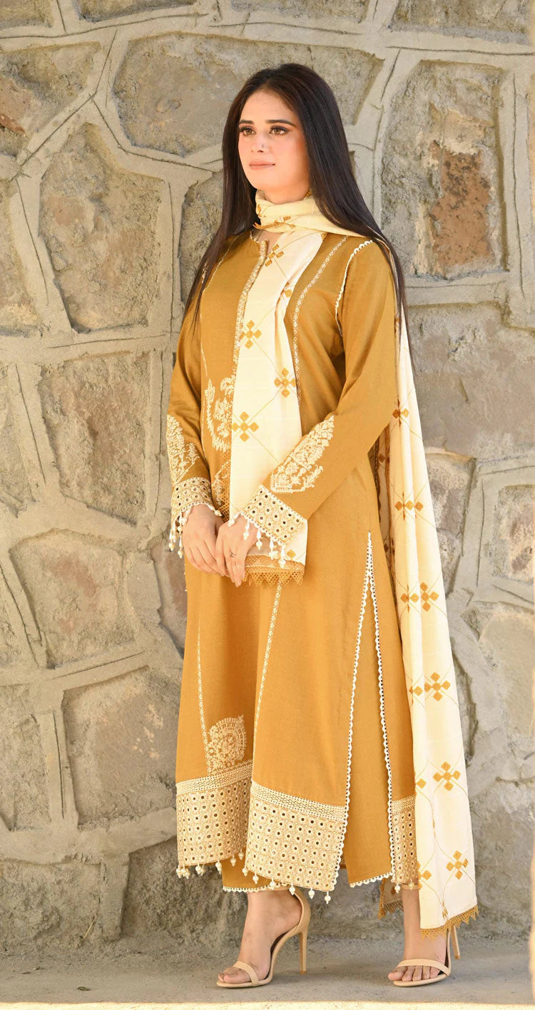 LIBAAS-3PC DHANAK EMBROIDERED SHIRT WITH COURTRAI WOOL PRINTED SHAWL AND TROUSER-W.J-1956