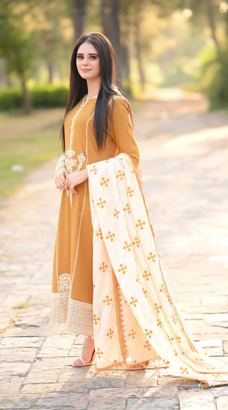 LIBAAS-3PC DHANAK EMBROIDERED SHIRT WITH COURTRAI WOOL PRINTED SHAWL AND TROUSER-W.J-1956