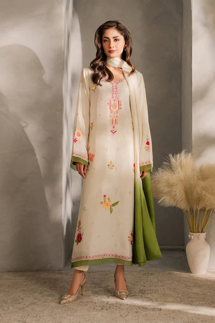 VINTAGE-3PC DHANAK EMBROIDERED SHIRT WITH BAMBER CHIFFON DUPATTA AND TROUSER-W.J-1981