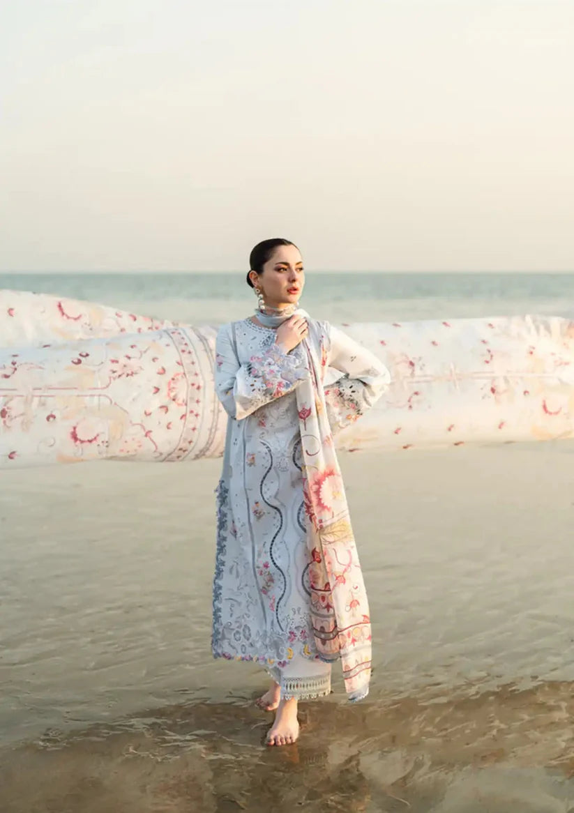 QALAMQAR - 3PC LAWN EMBROIDERED SHIRT WITH MONARK PRINTED DUPATTA AND TROUSER-W.J-1790