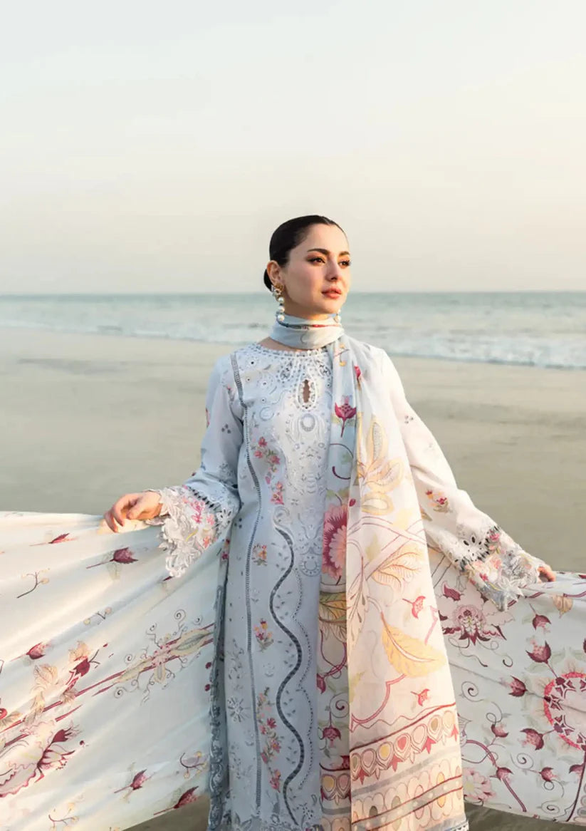 QALAMQAR - 3PC LAWN EMBROIDERED SHIRT WITH MONARK PRINTED DUPATTA AND TROUSER-W.J-1790