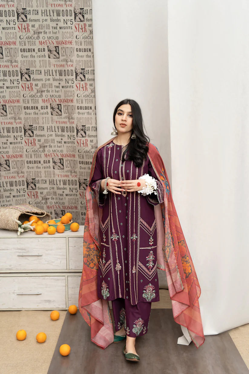 URGE- 3PC DHANAK EMBROIDERED SHIRT WITH COUTURE WOOL PRINT SHAWL AND EMB TROUSER-W.J-1808