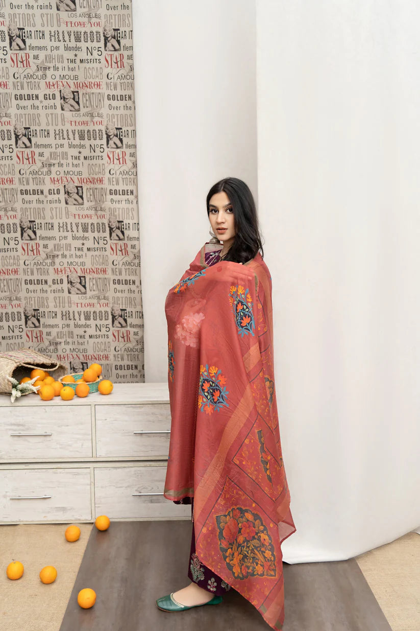 URGE- 3PC DHANAK EMBROIDERED SHIRT WITH COUTURE WOOL PRINT SHAWL AND EMB TROUSER-W.J-1808