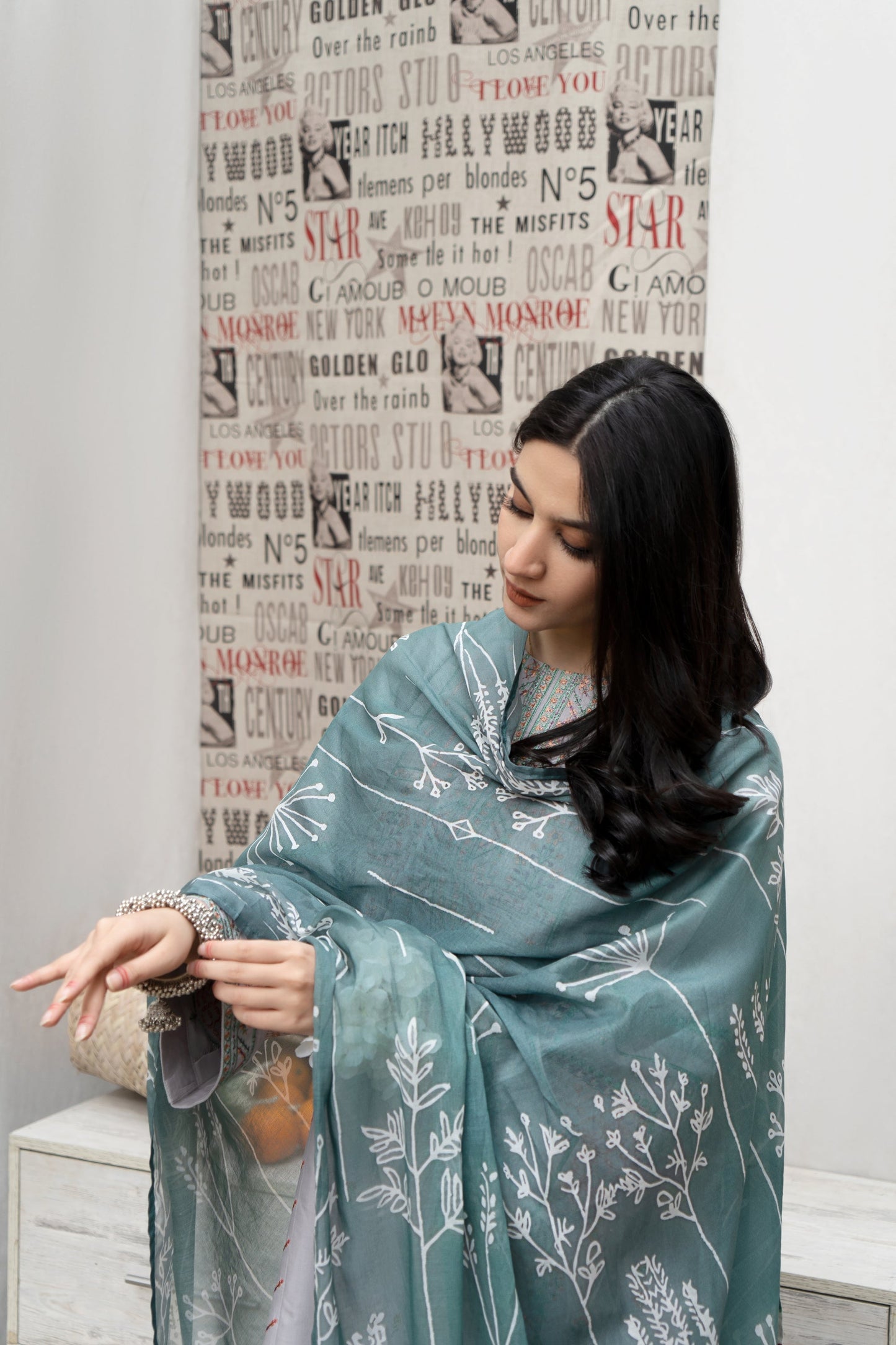 URGE - 3PC DHANAK EMBROIDERED SHIRT WITH COUTUTRE PRINTED SHAWL & EMB TROUSER-W.J-1084