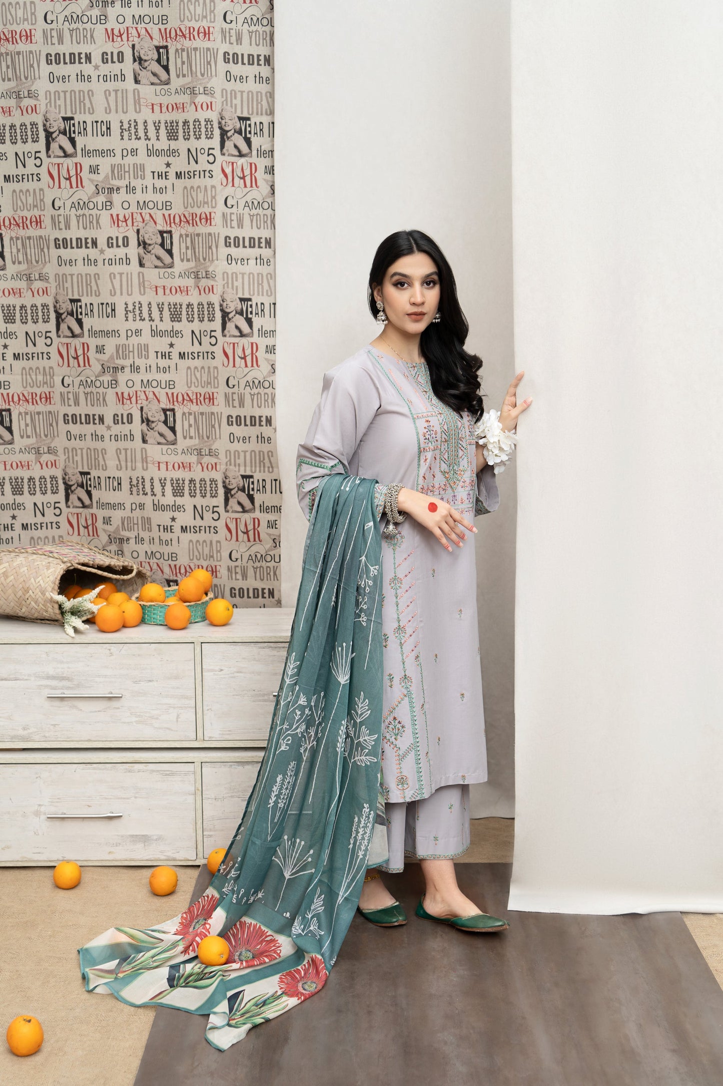 URGE - 3PC DHANAK EMBROIDERED SHIRT WITH COUTUTRE PRINTED SHAWL & EMB TROUSER-W.J-1084