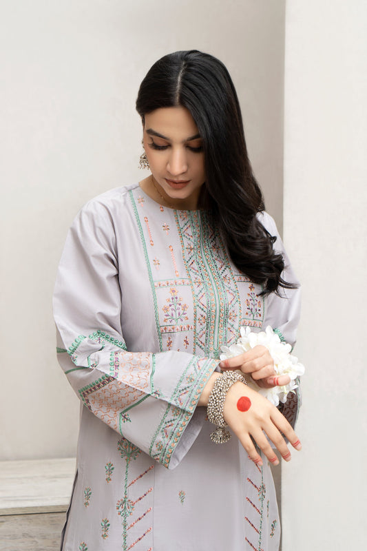 URGE - 3PC DHANAK EMBROIDERED SHIRT WITH COUTUTRE PRINTED SHAWL & EMB TROUSER-W.J-1084