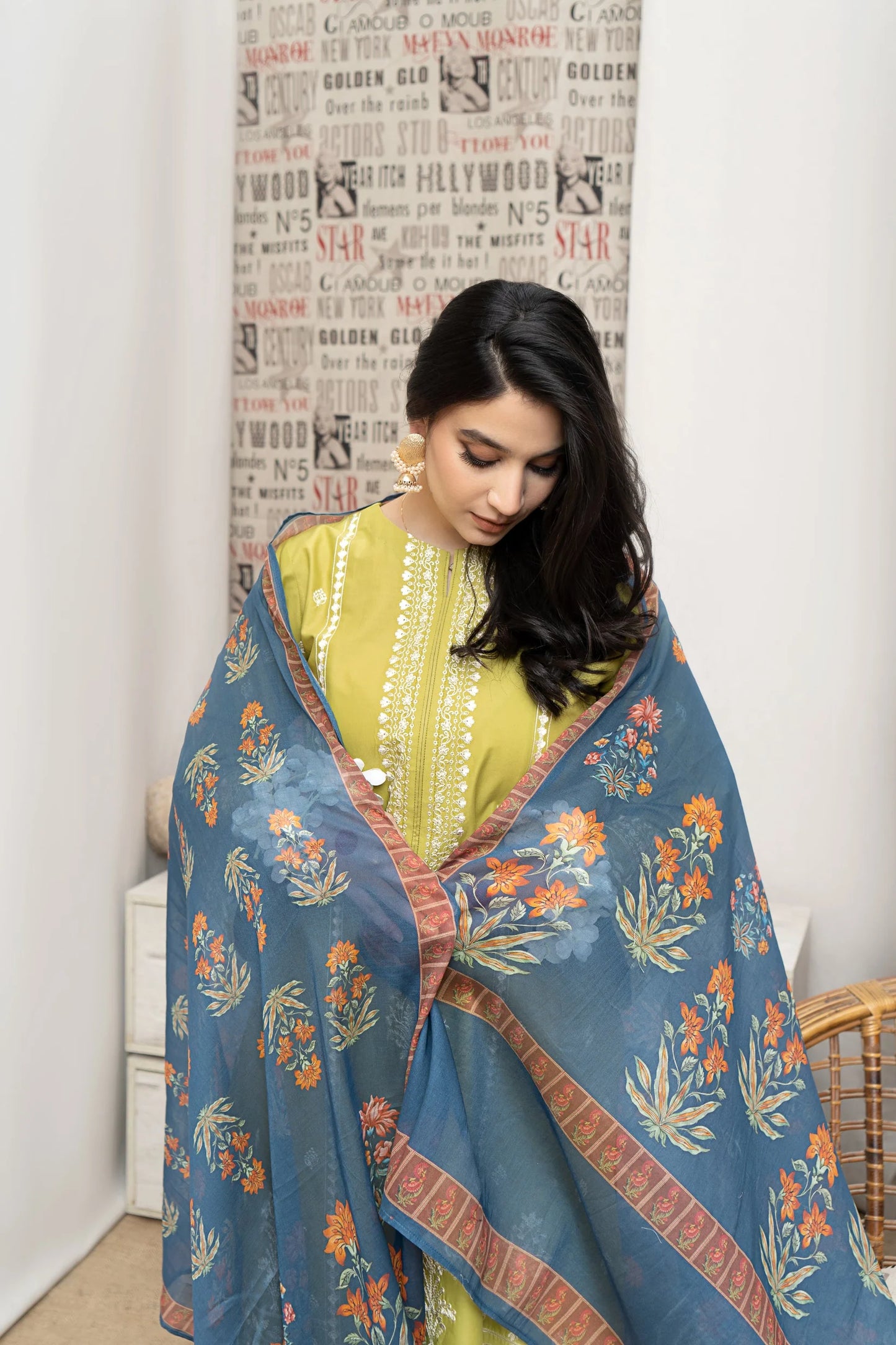 URGE- 3PC DHANAK EMBROIDERED SHIRT WITH COUTURE WOOL PRINT SHAWL AND EMB TROUSER-W.J-1180
