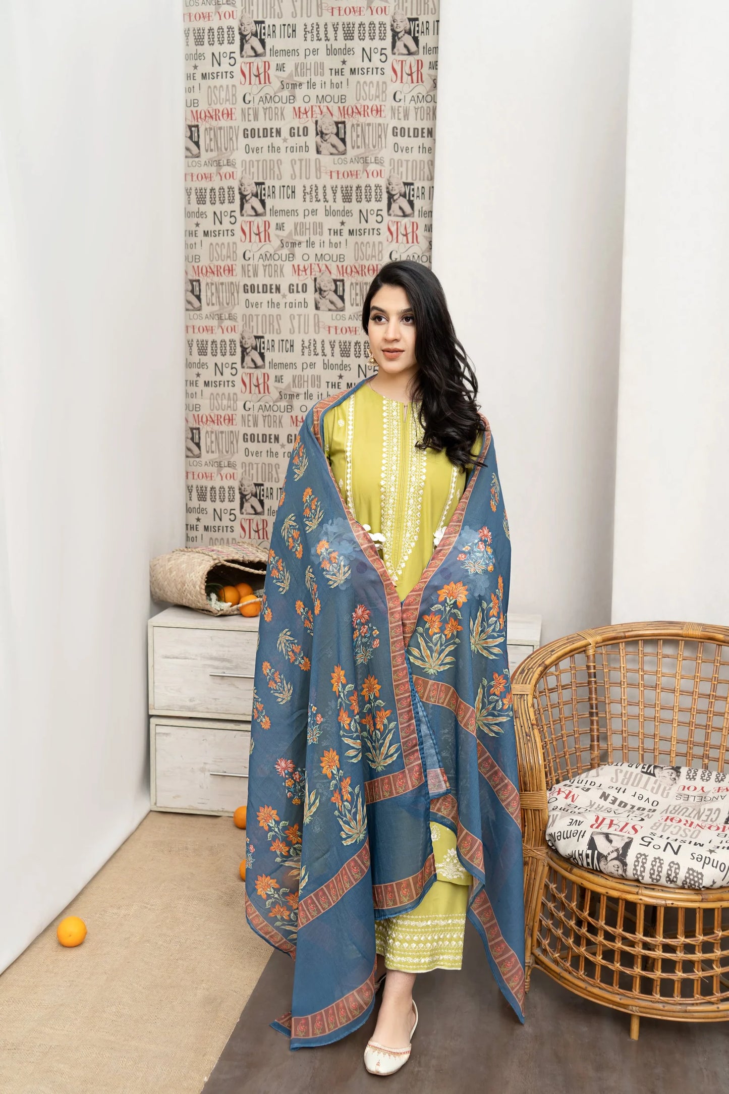 URGE- 3PC DHANAK EMBROIDERED SHIRT WITH COUTURE WOOL PRINT SHAWL AND EMB TROUSER-W.J-1180