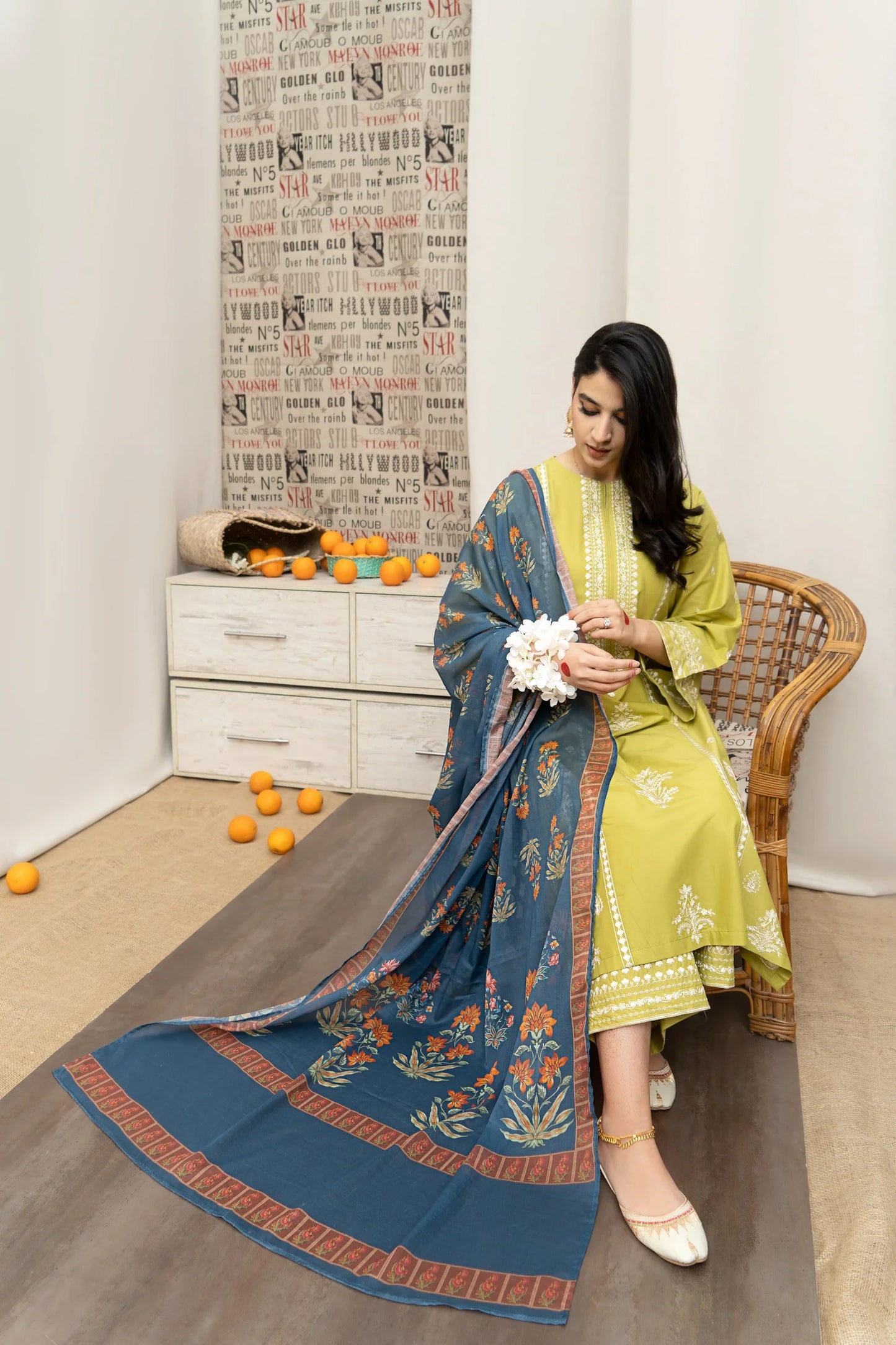 URGE- 3PC DHANAK EMBROIDERED SHIRT WITH COUTURE WOOL PRINT SHAWL AND EMB TROUSER-W.J-1180