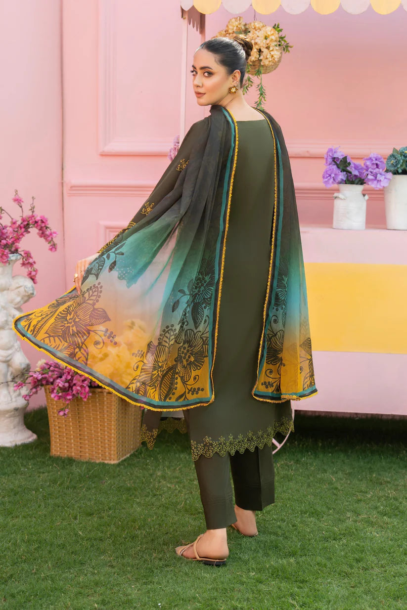 MIRAKHI - 3PC LAWN EMBROIDERED SHIRT WITH CHIFFON PRINTED DUPATTA AND TROUSER -W.J-1766