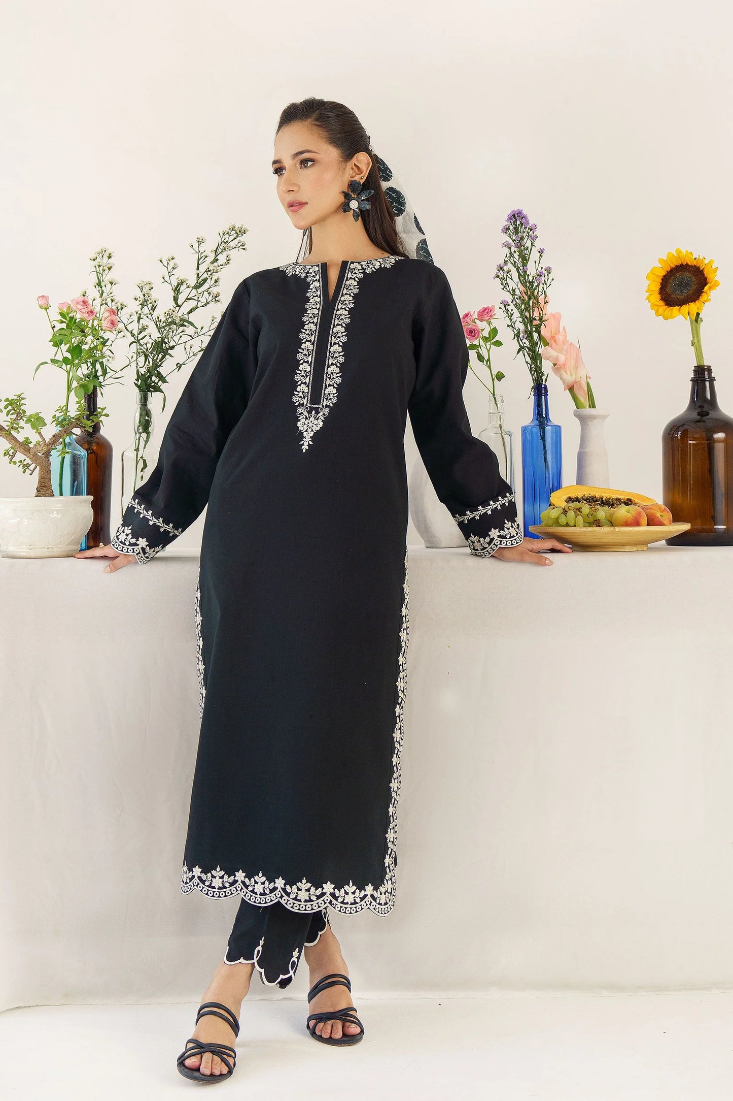 URGE - 3PC DHANAK EMBROIDERED SHIRT WITH WOOL PRINTED SHAWL AND TROUSER-W.J-1010