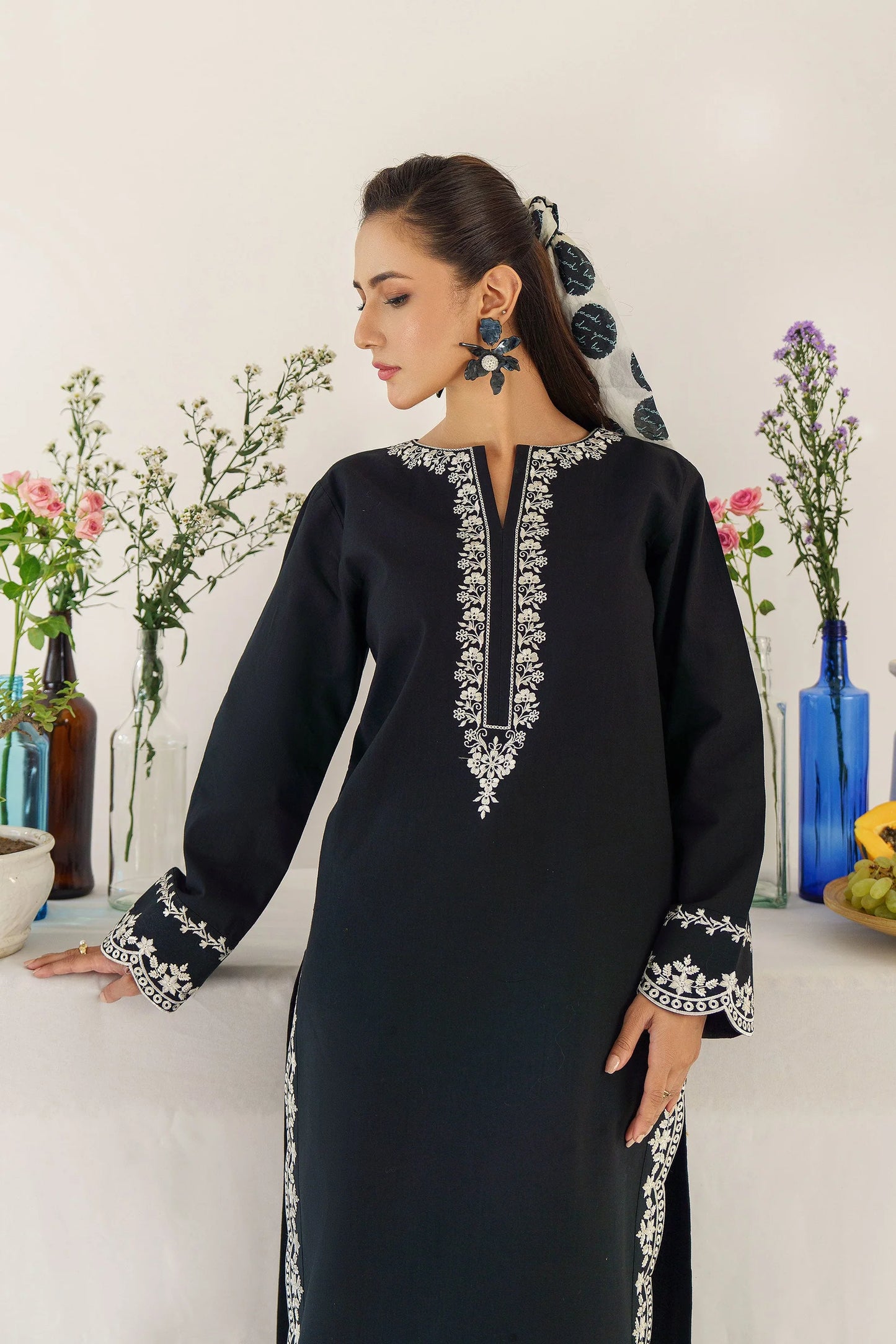 URGE - 3PC DHANAK EMBROIDERED SHIRT WITH WOOL PRINTED SHAWL AND TROUSER-W.J-1010