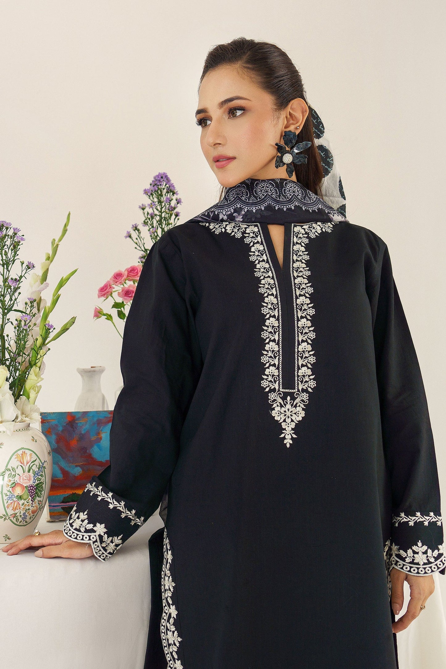 URGE - 3PC DHANAK EMBROIDERED SHIRT WITH WOOL PRINTED SHAWL AND TROUSER-W.J-1010