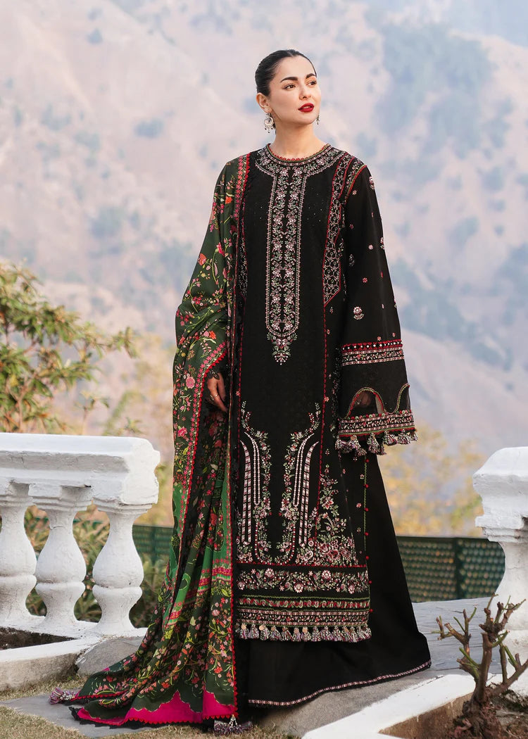 HUSSAIN REHAR-3PC KARANDI EMBROIDERED SHIRT WITH COURTRAI PRINTED SHAWL AND TROUSER-W.J-1989