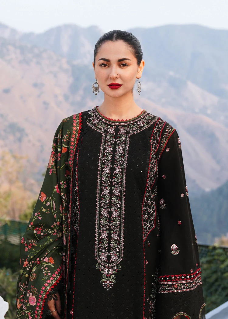 HUSSAIN REHAR-3PC KARANDI EMBROIDERED SHIRT WITH COURTRAI PRINTED SHAWL AND TROUSER-W.J-1989