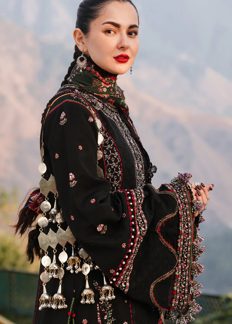 HUSSAIN REHAR-3PC KARANDI EMBROIDERED SHIRT WITH COURTRAI PRINTED SHAWL AND TROUSER-W.J-1989