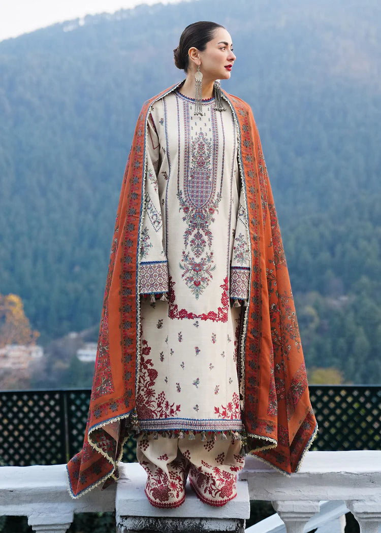 HUSSAIN REHAR-3PC DHANAK EMBROIDERED SHIRT WITH COURTRAI PRINTED SHAWL AND TROUSER-W.J-2014