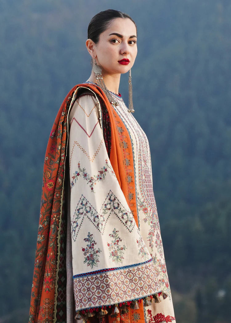 HUSSAIN REHAR-3PC DHANAK EMBROIDERED SHIRT WITH COURTRAI PRINTED SHAWL AND TROUSER-W.J-2014
