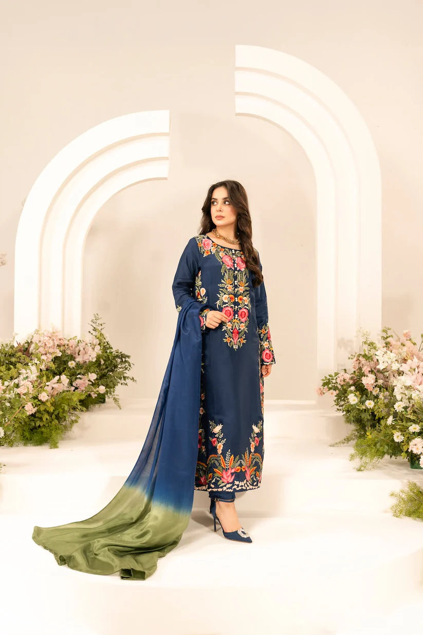 MIRANA-3PC LAWN EMBROIDERED SHIRT WITH CHIFFON TYE & DYE DUPATTA & TROUSER-W.J-1743
